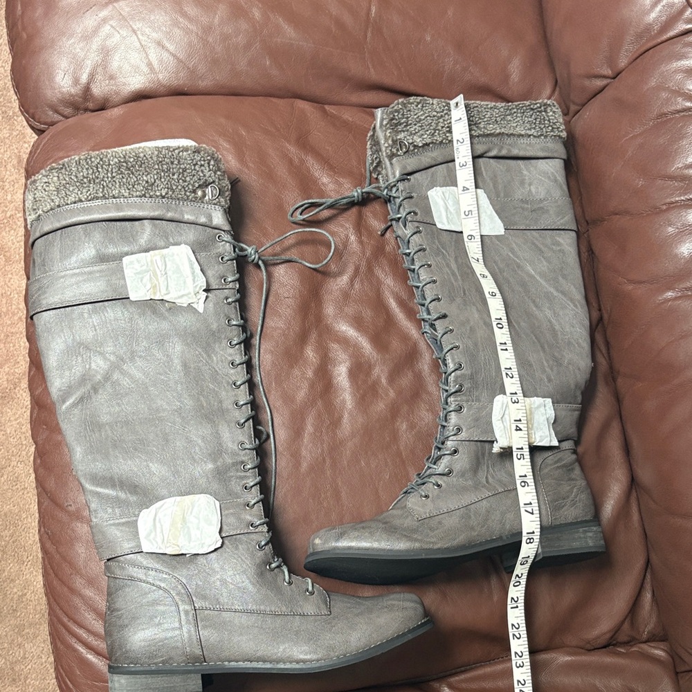 JustFab Gray Over-the-Knee Lace-Up Boots with Faux Fur Cuff NWOBox. Mint!